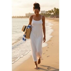 Madewell White Linen Blend Spaghetti Strap Midi Dress Size 6 Summer Beach Casual